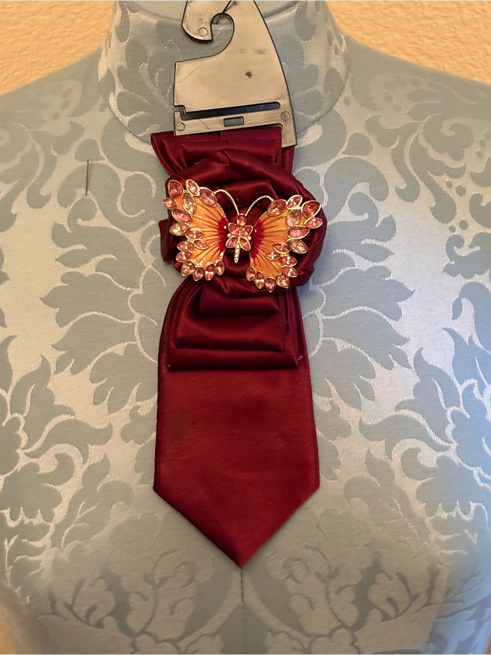 Women's Burgundy Satin Tie with Orange Crystal Butterfly Brooch